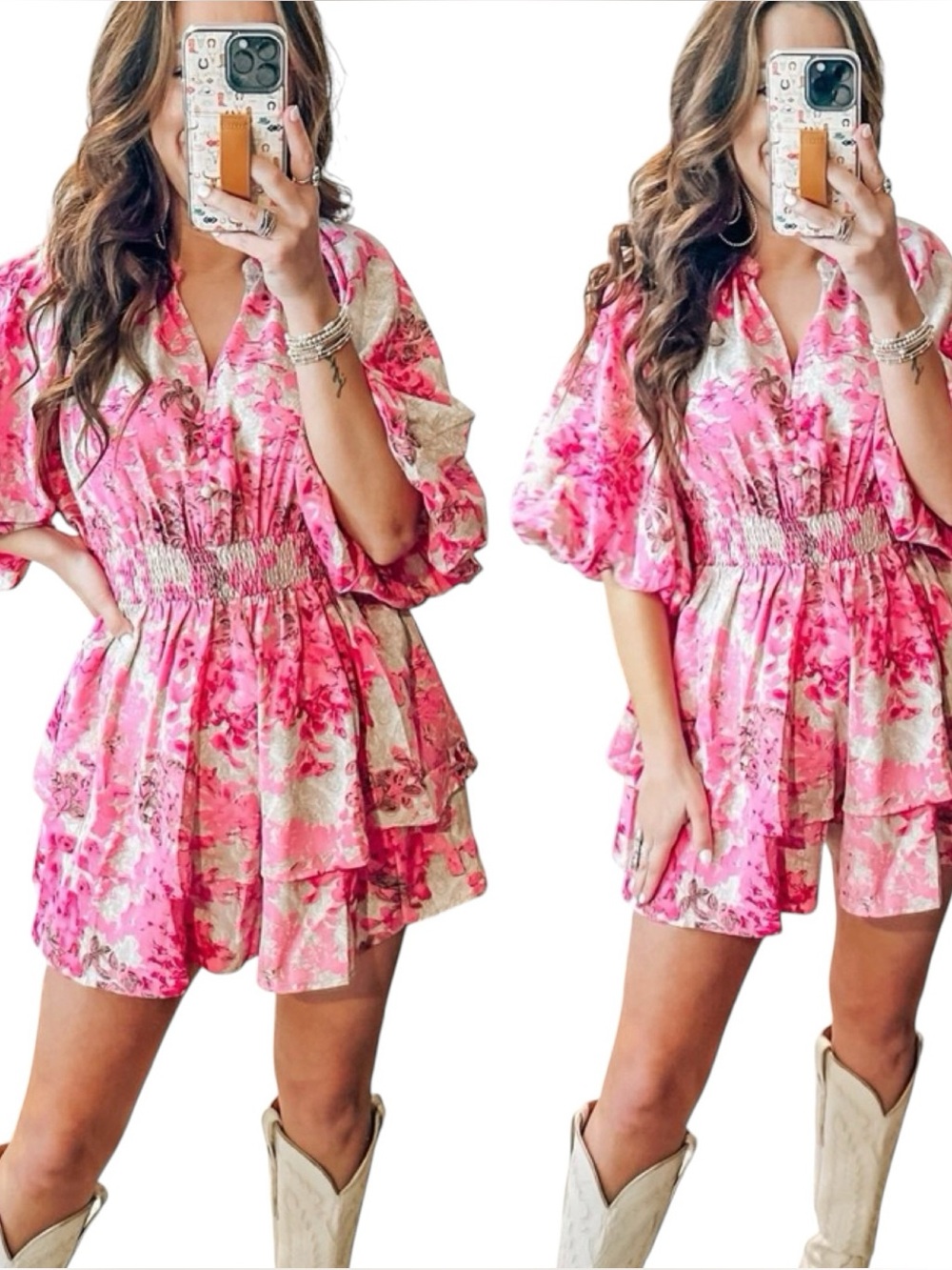 Entro Pink Floral Puff Sleeve Tiered Smocked Waist Romper Size Medium